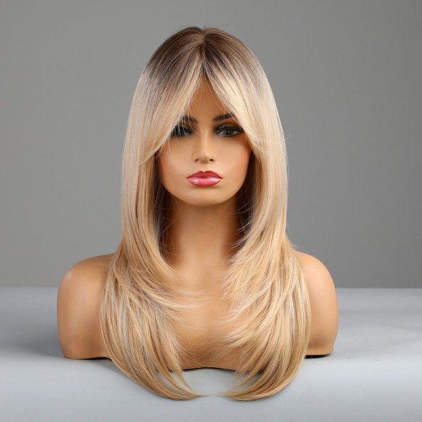 26 tommer lang Ombre lys blond parykk med lugg, parykk