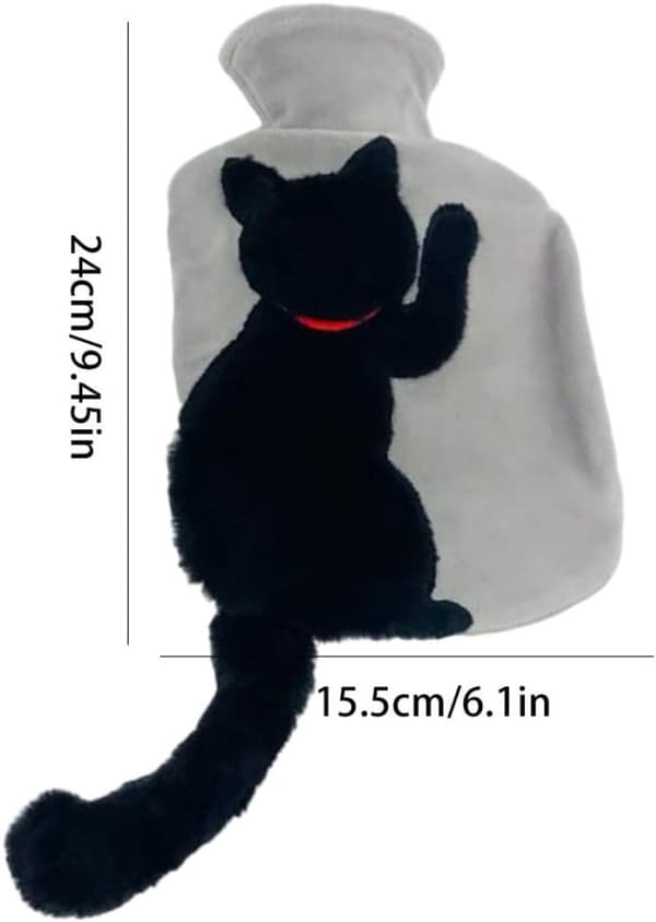 Varmvattenflaska med mjukt överdrag, 1L säker PVC-foder, svart kattdesign med lång svans, vinterpresent, 15,5 x 24 cm