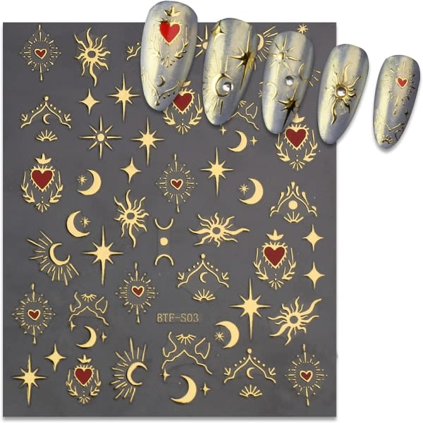 3 ST 3D nagelklistermerker for nail art, roséguld klistermerker Sun Moon Star Nageldekaler Selvhäftande hjärta nail art