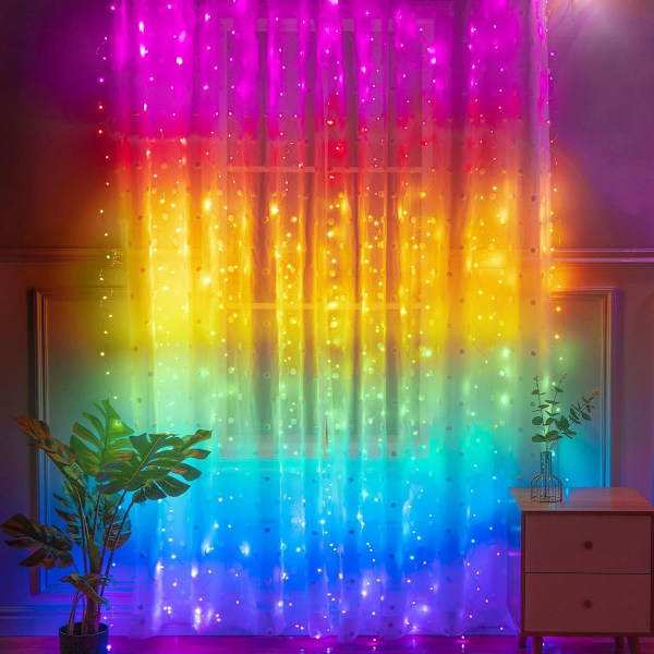 Gardinkappa med ljusslinga, 3 x 2,8 m 300 LED fönsterlampa USB, med fjärrkontroll, 10 lägen