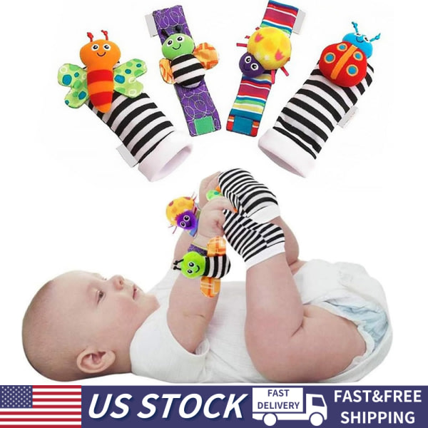 Baby Sensorisk Legetøj Strømper &amp; Håndledsrasler Lamaze Raslesæt Armbånd Nyfødt Gave，4st A