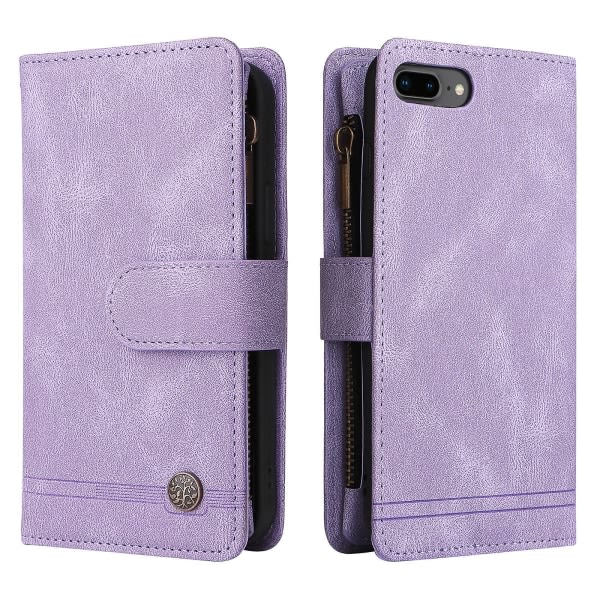 Case För Iphone 8 Plus/7 Plus Läder Flip Folio Case Med Kreditkortshållare Pengar ficka Magnetiska knappar Case Stöd Stötsäker Purple A