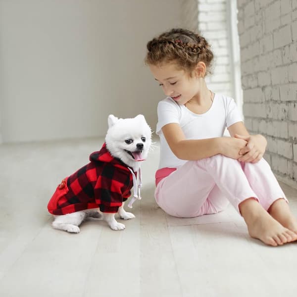 Hundehættetrøje med lynlås, varm bomuldsfleeceblanding, ternet hætte og lomme, til alle hunde, efterår/vinter, rød sort ternet, 3XL