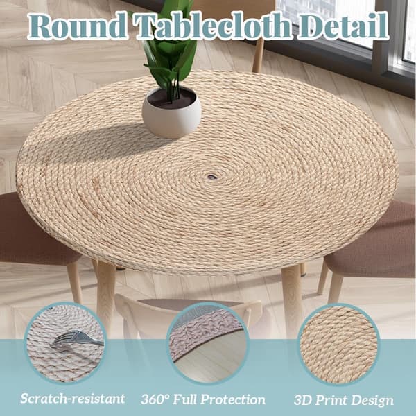 Rund dug med elastikkant, vaskbar polyester 3D-rattanprint til køkken, spisning, picnic, indendørs og udendørs, 90 cm 90cm