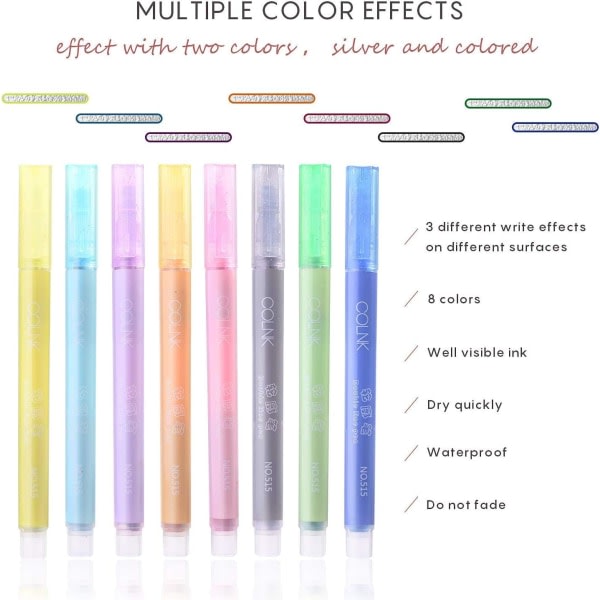 Dobbel linje konturpenn, 8 farger metalliske penner, glitter to-linjers penn, vanntett penn raskt tørkende