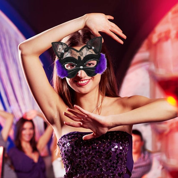 Venetian Masquerade Mask, Purple Luxury Black Cat Lace Mask