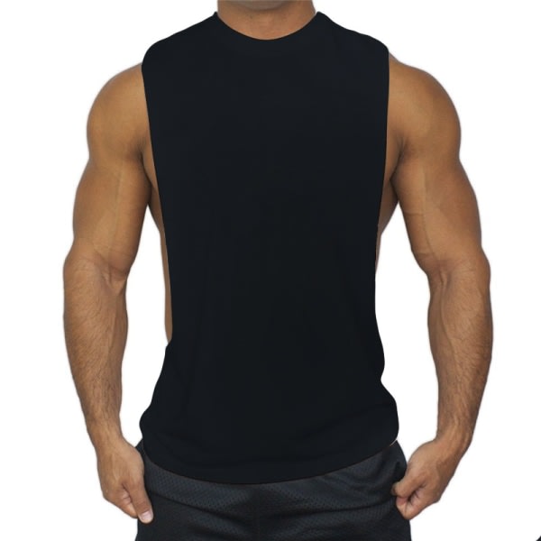 Enfärgad, ärmlös, låg sportskjorta för män med heltryck black 2XL zdq