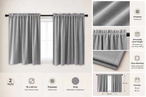 Korta Fönstergardiner, 2-Panels Mörkläggningsgardiner i Polyester för Kök, Sovrum, Badrum, Husbil, Grå, 76 x 60 cm
