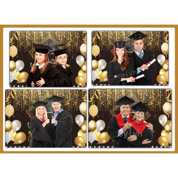 Heyone 7X5FT 2023 Klassfotografering Bakgrund Svart och guld Bachelor Cap Ballong Grad Grattis Fest Banner Bakgrund