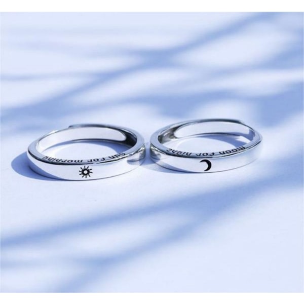 Sun and Moon Ring Silver Par Ring (925 Sterling Silver) (?ppna justerbara partnerringar) (f?r hustru make flickv?n pojkv?n)