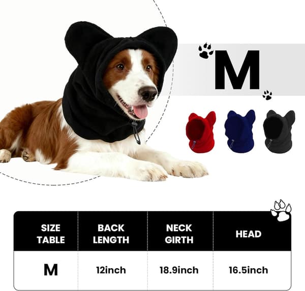 Vinterhætte til hunde med ørebeskyttelse, fleece halsedisse til hunde, (sort, M)