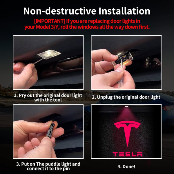 4 stk Tesla Puddle Lights Bildörrslogotyp Projektorlampor, Ultra-Light Never Fade Välkommen med hjälp av Step Lights med verktyg, Plug & Play (röd)
