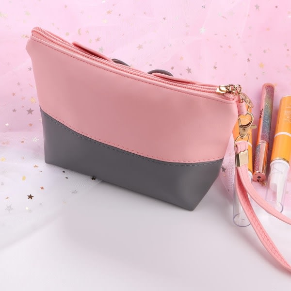 CDQ 2-pack söt sminkväska - Läder resesminkhandväska med dragkedja - Söta väskor med handväska (rosa och svarta)