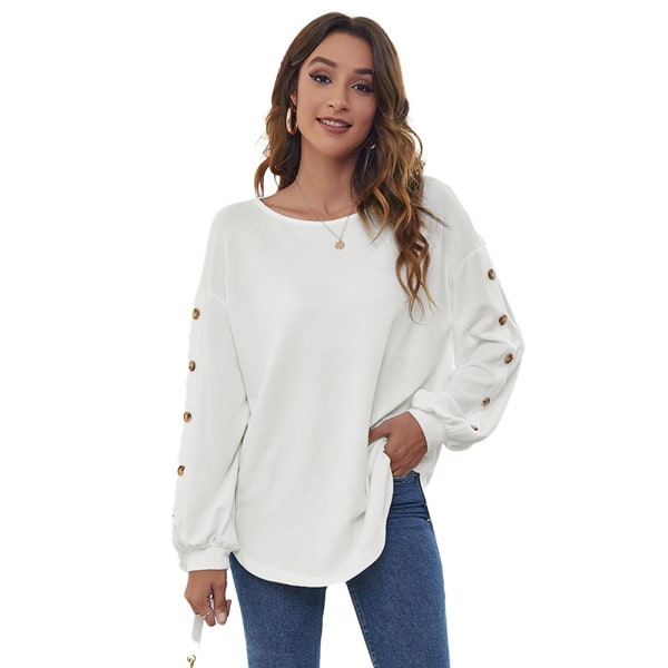 Kvinnor Fall Långärmad Loose Fit Casual Pullover T-skjorter -vita L CDQ