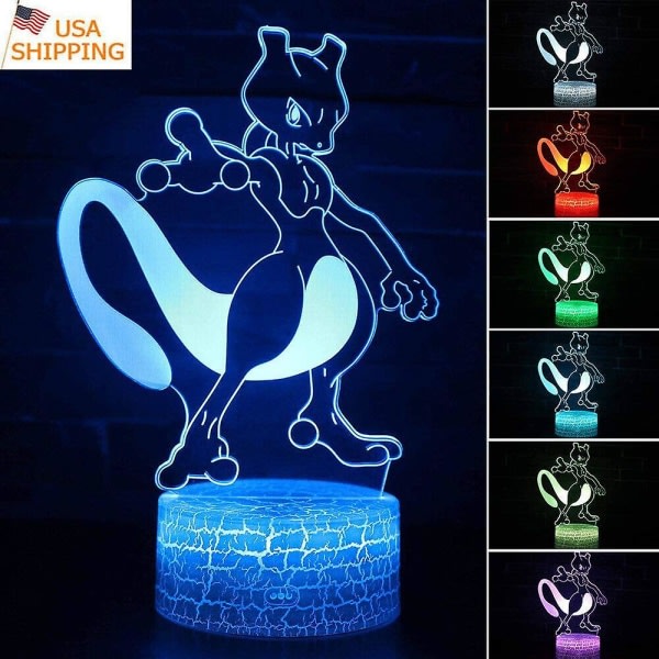 Veeki 3D Mewtwo Lampe Spill Roll TouchRemote LED Nattlys Bordslampe Hjemmedekorasjon Gave
