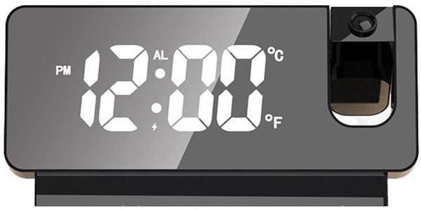 Digital projektionsväckarklocka med LED-spegeldisplay, temperatur- och luftfuktighetsdisplay, för sovrum och hem, svart