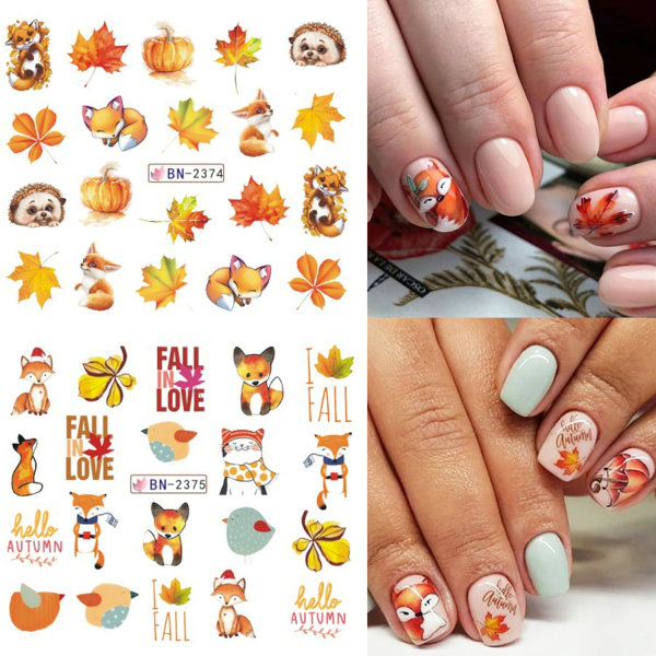 Maple Leaf Nail Art Stickers Dekaler Höst Thanksgiving Nageldekoration Vattenöverföring Höstlöv Pumpa Fox Owl 1ark