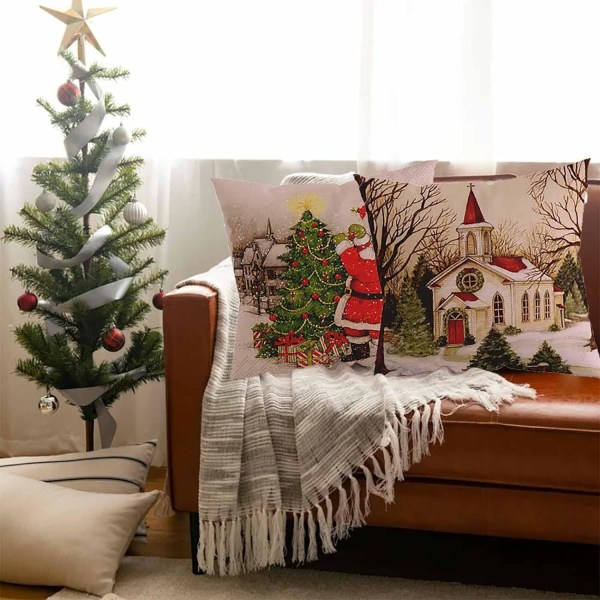 Juleputetrekk 18 x 18 tommer, sett med 4, vinterdekor, bondegård, snømann, julenisse, putevar, God Jul
