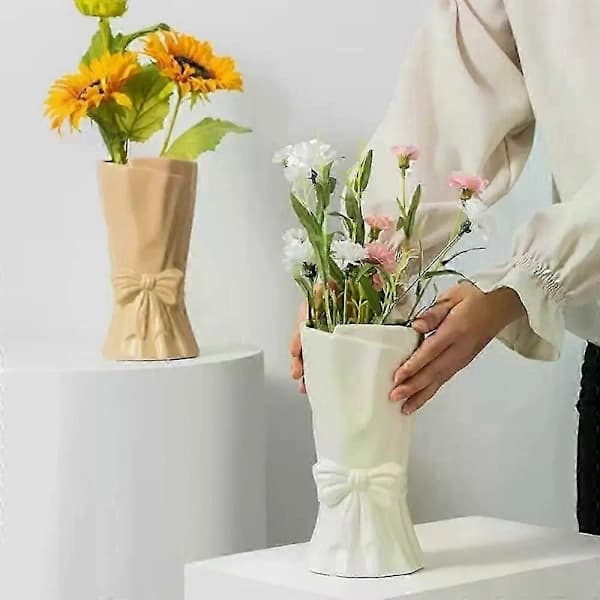 New Ceramic Bow Vase Ins Cute Flower Arrangement Simple Home Decor
