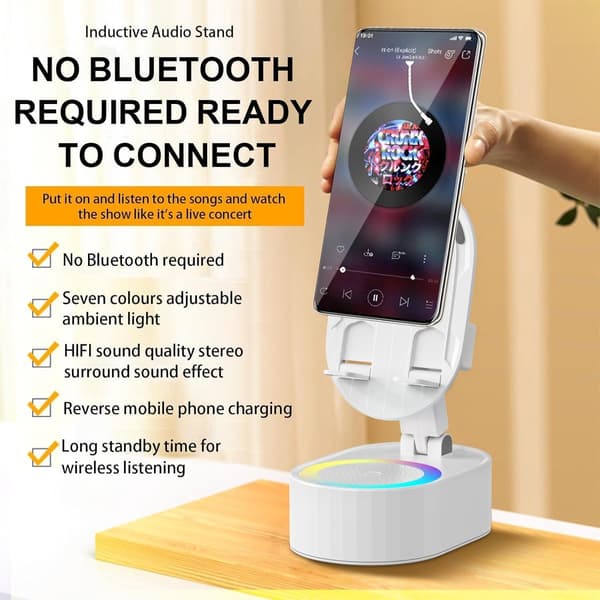 5-i-1 telefonholder med Bluetooth-højttaler, trådløs sensorhøjttaler, RGB-lys, 3000mAh batteri, sammenklappelig til telefon og tablet
