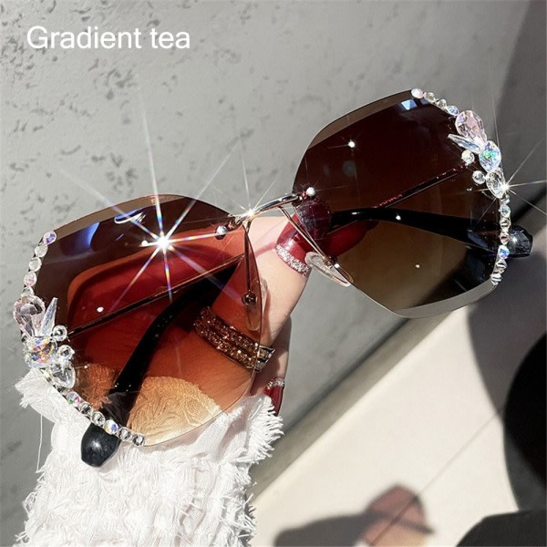 Rhinestone solglasögon båglösa solglasögon Gradient tea