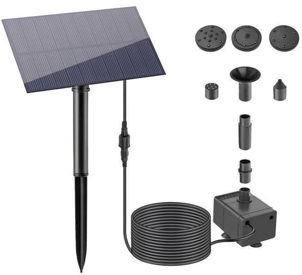 Solar springvandspumpe 2,5W med flere dyser, børsteløs motor solcellevandpumpe til fuglebad, dam og haveindretning, sort