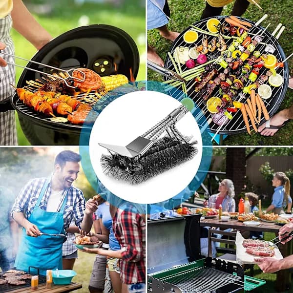 Grillrensebørste med skraber, børster i rustfrit stål, 46 cm lang til gas- og kulgrill, sort