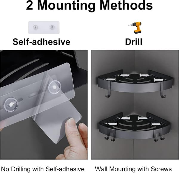 2-delad duschhörnhylla - självhäftande - aluminium - svart