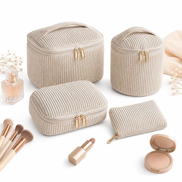 Makeuptaske sæt, 4-delt fløjl kosmetikorganizer med lynlåsposer, rejsetoilettasker til kvinder, stor kapacitet, beige