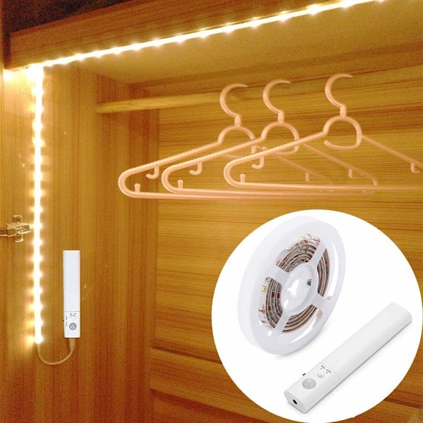 Sensor Garderobelys, 2M LED Strip Lys Natlys, 6000K Varm Hvid, Automatisk Tænd/Sluk, Batteridrevet