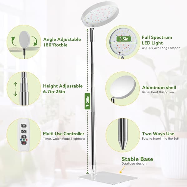 Fullspektrum LED-växtbelysning för inomhusväxter med 48 LED-lampor, 3/9/12H timer, 10 ljusstyrkor, justerbart stativ 18-66 cm, vit