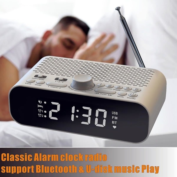 FM-klokkeradio med Bluetooth-strømming Spille LED-skjerm Vekkerklokke 1500mah Hi-fi-høyttaler med Woo
