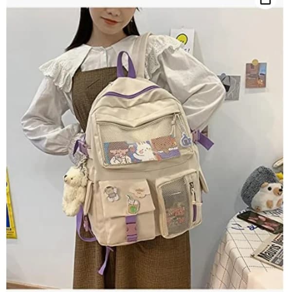 Cute Canvas School Backpack for Students, Laptop Shoulder Bag with Pins and Accessories
