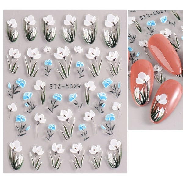 3D-präglade blommor vår Nail Art Stickers Dekaler Självhäftande 5D Sommar Färgglada blommiga nageltillbehör Dekoration Tillbehör 4 ark