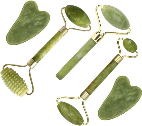 5-delad grön jaderulle och Gua Sha-stenset - Ansiktsmassage för lymfdränage, anti-åldrande