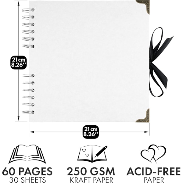 Square Scrapbook Photo Album 60 Pages (21 x 21 cm) White Thick Paper, Metal Corners, Ribbon Closure - Perfect for Your Scrapbooking Albums White