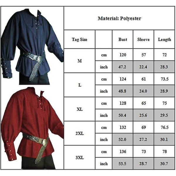 Herr vintage medeltida renässans Viking piratdräkt långärmad blusskjorta med snörning Toppar XL Red