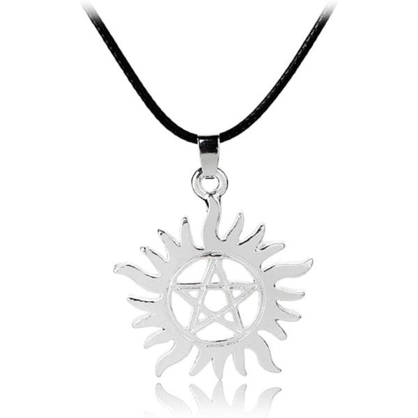 Heyone Silver Supernatural Star Pentagram Pentagram Solhänge Män Halsband Wicca Pagan Smycken Läderrepkedja
