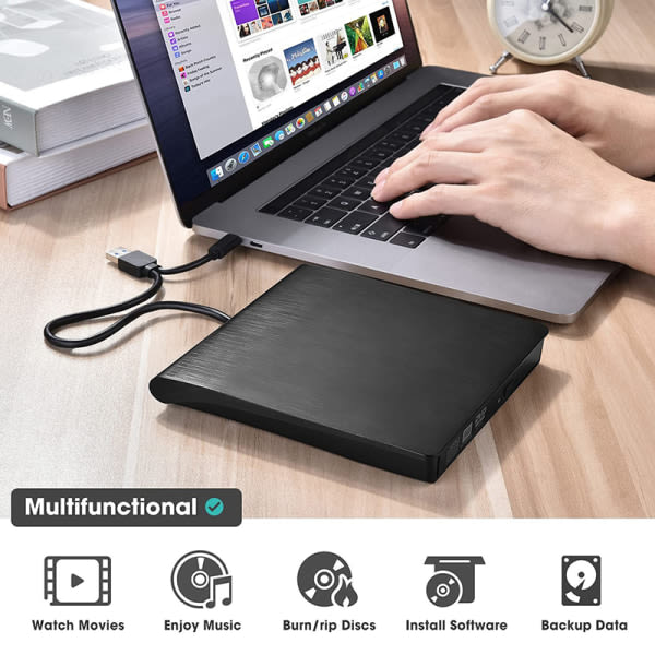 USB 3.0/Type-C ohut ulkoinen DVD RW CD-asema Kirjoitin Lukija Musta one size