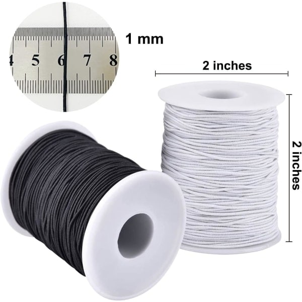 Elastisk snor til armbånd, 2 ruller 1 mm Robust elastisk snor til smykkefremstilling, halskæder, perler sort og hvid Sort og hvid Black and White
