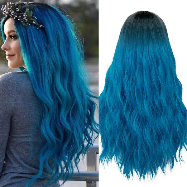 Blå peruk for kvinder Långt blått lockigt vågigt hår Peruk Naturlig sød pastelfarvede peruk med andningsbar cap Perfekt til vardagsfest Cosplay szq