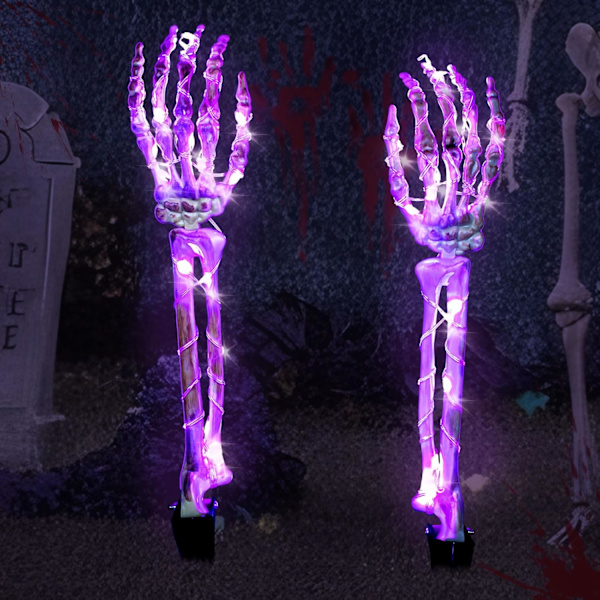 2 stk Skelet Händer med 48 LED-Lysstreng, Vandafvisende Halloween Dekoration Lilla Skelet Hånd Forælder Lila skelett hand Parent