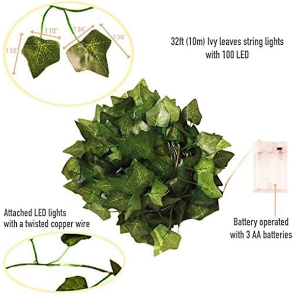 Konstgjord murgröna, 10 m bladljusslinga, konstgjorda växter med 100 LED-lampor och gröna blad, LED-ljusslinga för trädgård, gård, hem, uteplats, bröllop