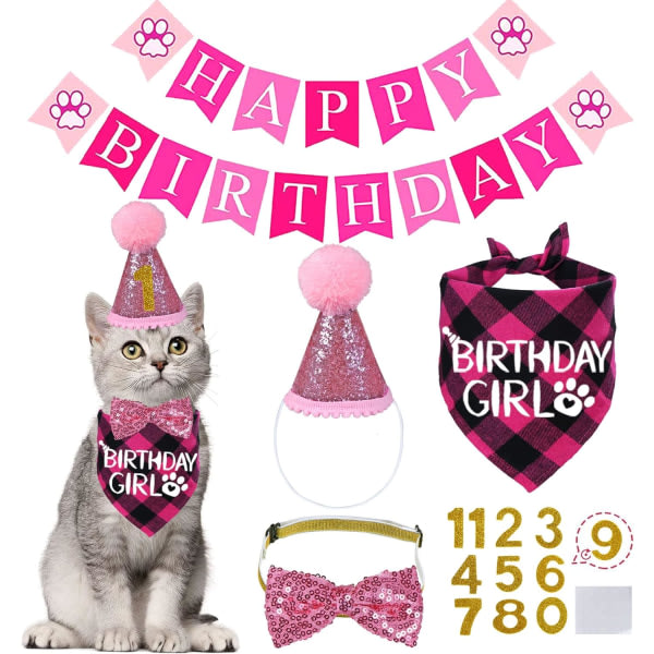 (Rosa) Kattfödelsedagsfesttillbehör, Kattfödelsedagshuvudband, Kattfluga, Födelsedagshalsband, Födelsedagskrona, Födelsedagspresenter till katter