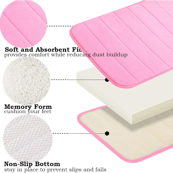 Badeværelsesmåtte i memory foam, skridsikker, absorberende, superhyggelig, fløjlsblød, supervandabsorberende, tyk, rosa Pink Pink 17 X 24 inches
