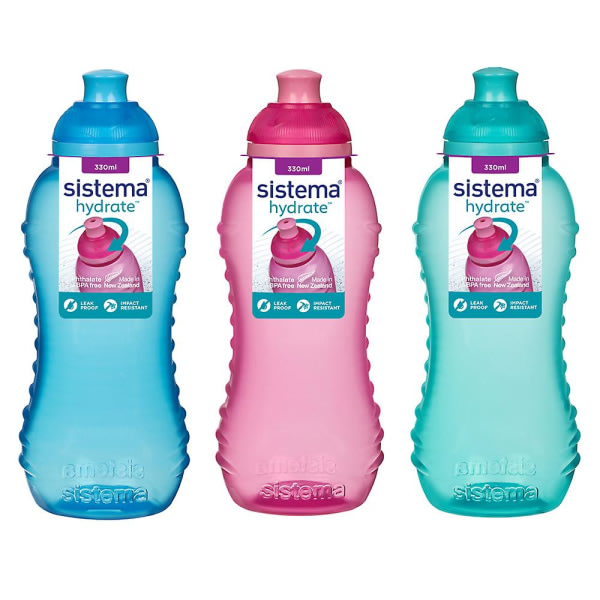 Sistema drinkflaskor Twist 'n' Sip 330 ml Sæt med 3 blå turkos rosa null ingen