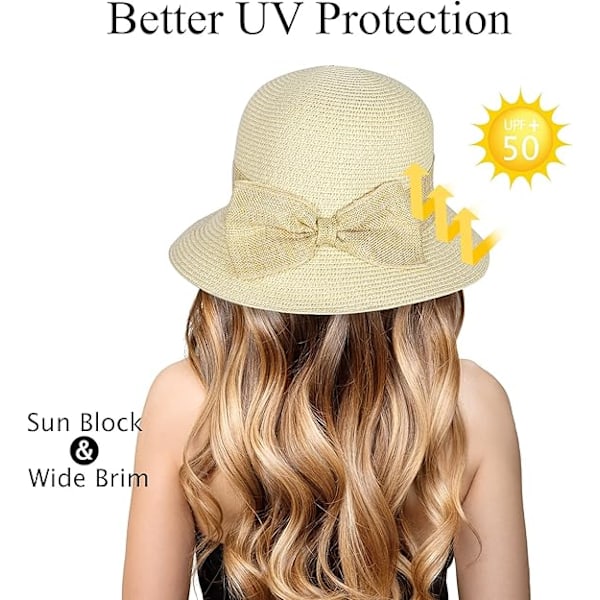 Justerbar sommarhatt för damer, hopfällbar med lockig rosett, passar alla tillfällen, solhatt, solskydd (beige)