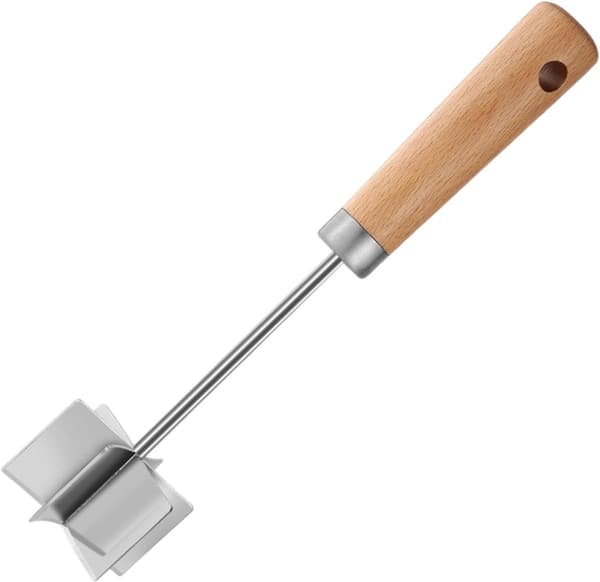 Kødhakker i rustfrit stål med træhåndtag til hamburgerbøffer, kartoffelmos og grøntsager, sølv, 27 cm