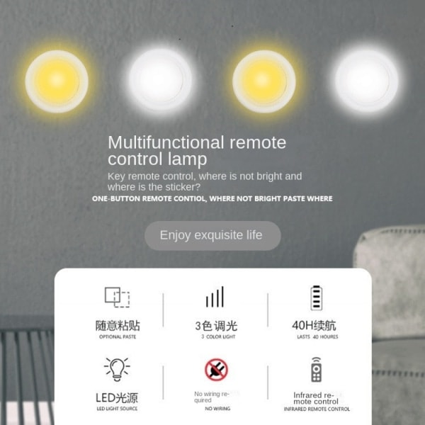 6PCS Fjernkontroll Nattlys: 3-farget dimbar, timer, touch-kontroll, perfekt for soverom, kjøkken, seng og skap LED-belysning 1 fjernkontroll 3 lys svart skall
