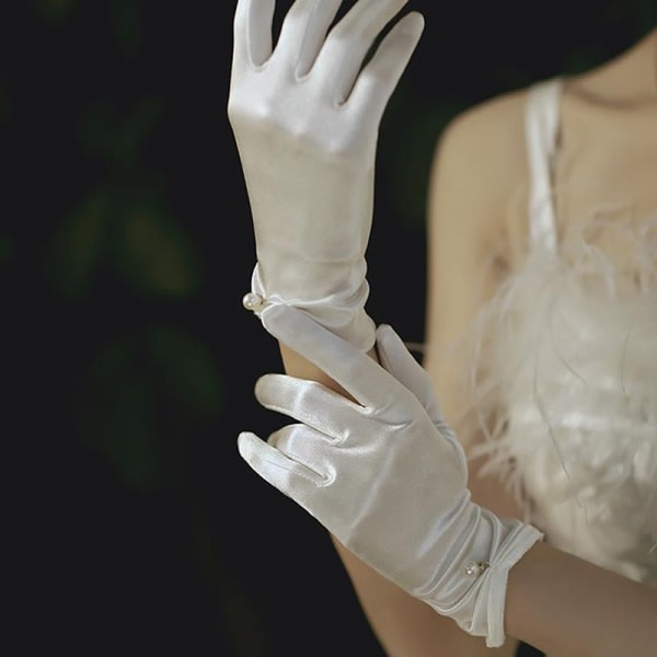 Korte brudehandsker i satin til kvinder, fuld finger, håndledslængde, hvid A1